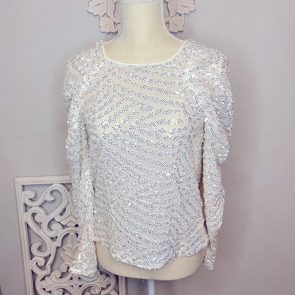 EXPRESS IVORY White SEQUIN PUFF RUCHED Long SLEEVE BLOUSE TOP Shirt XSMALL - Picture 7 of 13